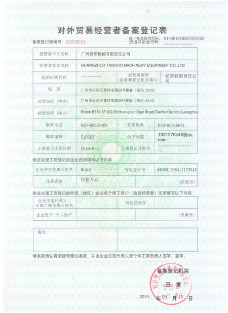 China Guangzhou Taishuo Machinery Equipement Co.,Ltd Certification